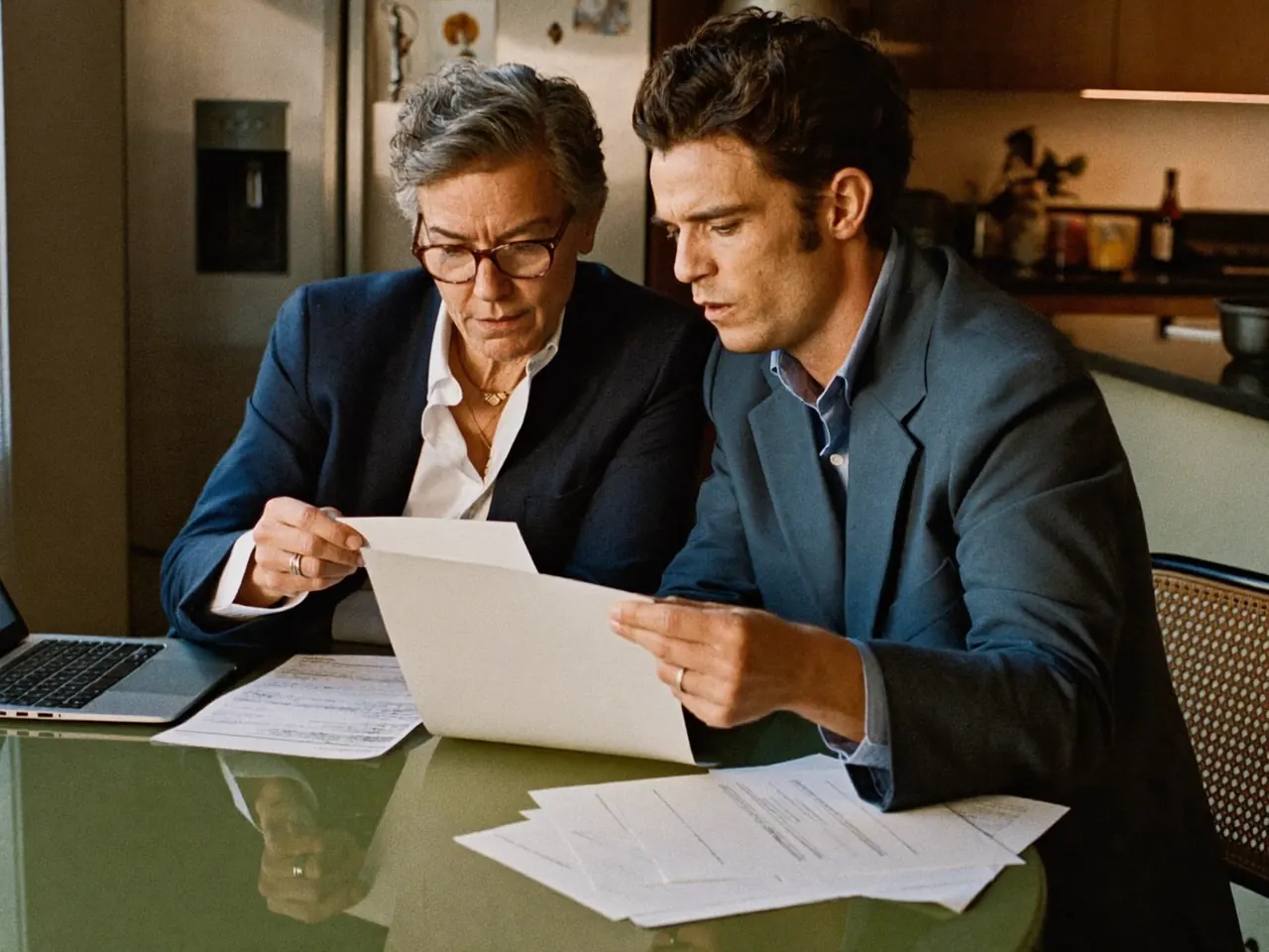Couple calmly reviewing window quote paperwork together at a kitchen table