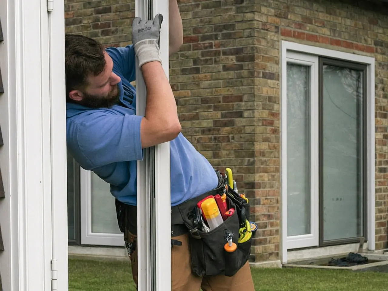 Two fitters installing a new window on a terraced house from the outside