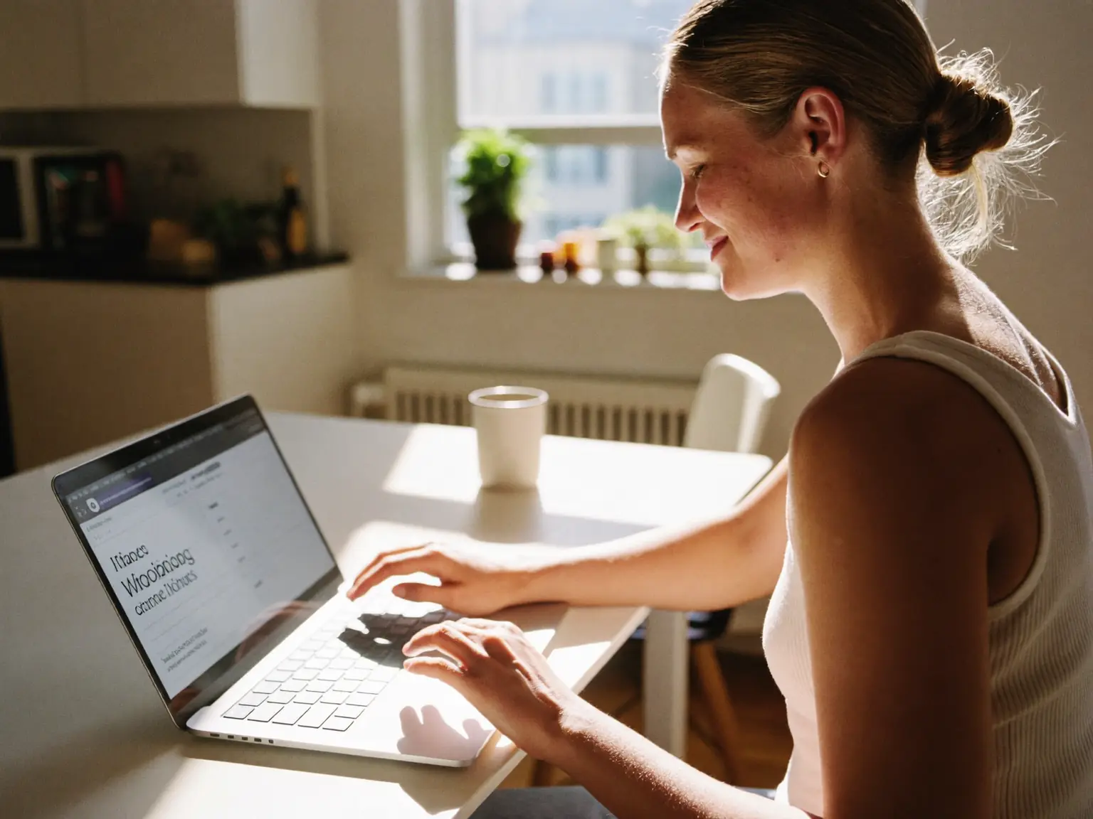 Homeowner requesting window quotes on a laptop at a bright kitchen table