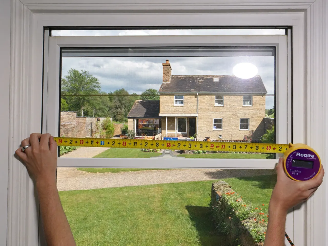 Homeowner using a tape measure to take the approximate height of a window