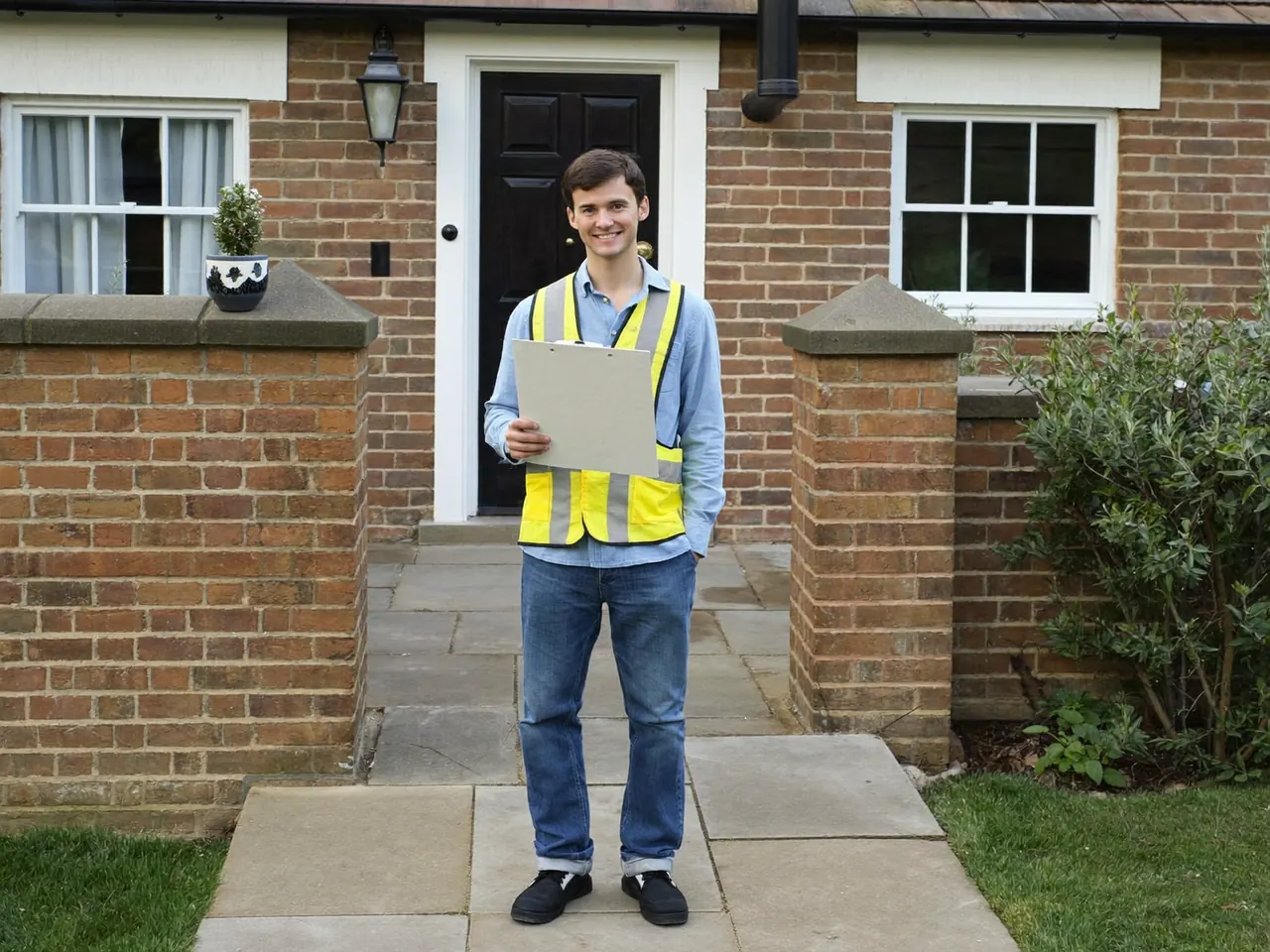Installer with a clipboard greeting a homeowner at a front door for a survey