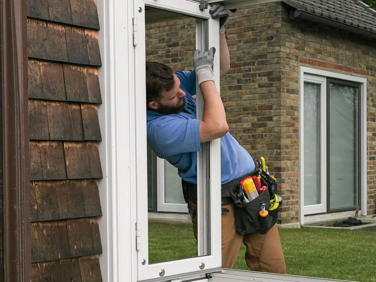 Installer fitting a new window frame into an opening on a home improvement job