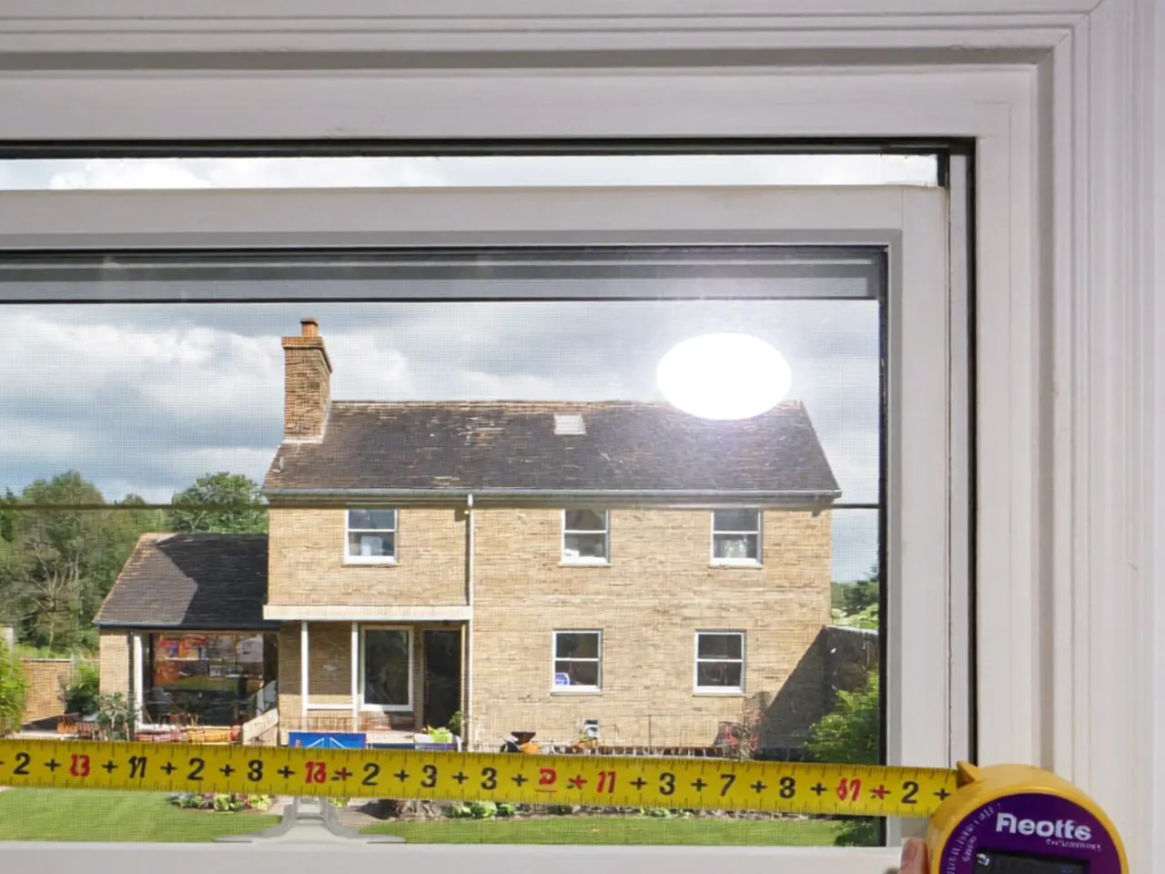 Tape measure held across a window reveal to record an approximate size