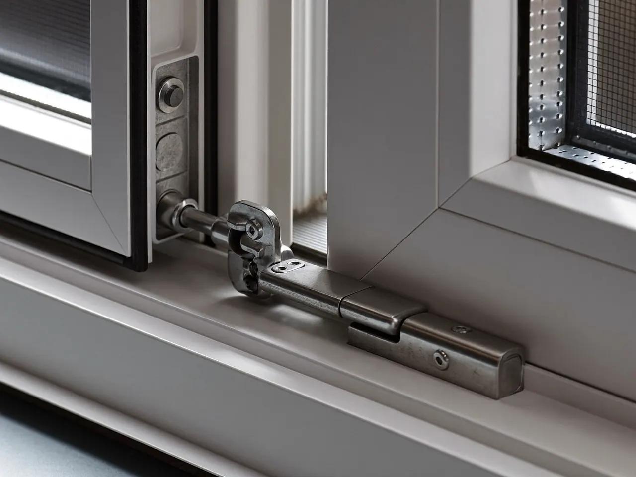 Close-up of a friction hinge on the side of a uPVC casement window